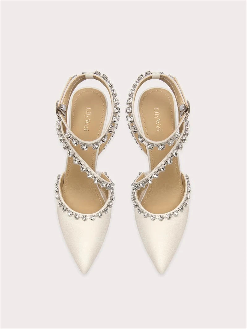 Silk pointed-toe sandals with rhinestone accents