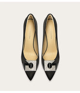 Silk pointed toe heels with rhinestone buckle detail