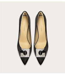 Silk pointed toe heels with rhinestone buckle detail