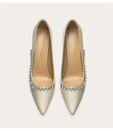 Silk rhinestone ruffle wedding pumps with pointed toe