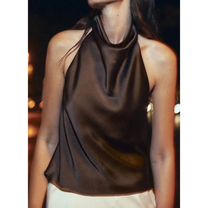 Silky brown halter summer vest styled for night out looks