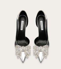 Silver bow stiletto heels with butterfly-knot crystal detail