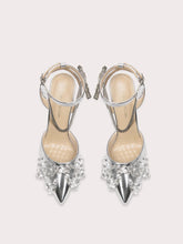 Silver chain ankle stiletto heels with butterfly-knot and heart charm