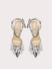 Silver chain ankle stiletto heels with butterfly-knot and heart charm