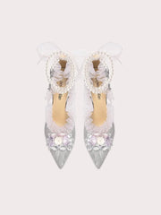 Silver floral bow party sandals styled for weddings and celebrations