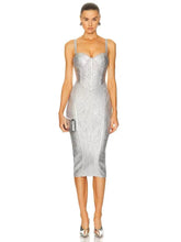 Silver foil V neck bandage dress styled for evening parties