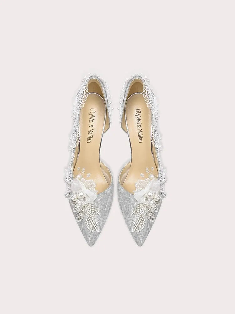 Silver lace floral pointed pumps styled for wedding and party looks