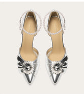 Silver pearl bow formal sandals styled for weddings and celebrations