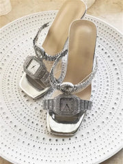 Silver rhinestone PVC heels with watch strap crystal accents for parties