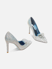Silver rhinestone wedding pumps with pointed toe