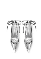 Silver ribbon lace-up pointed stiletto heels with black ankle wrap