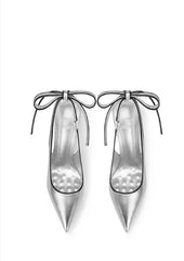 Silver ribbon lace-up pointed stiletto heels with black ankle wrap