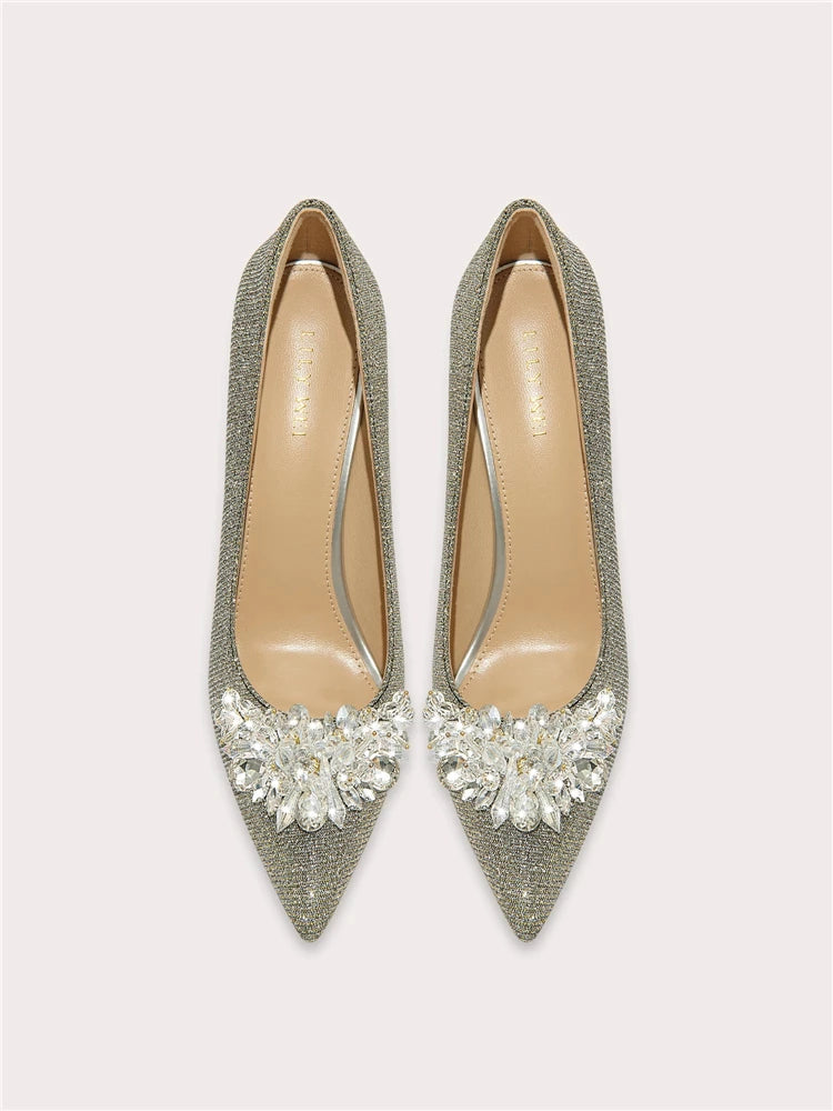 Silver sequin pointed-toe pumps with crystal beading detail at the front