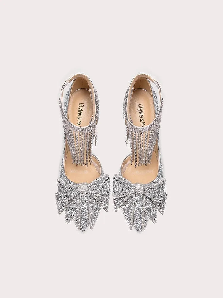Silver tassel crystal party sandals styled for glamorous celebrations
