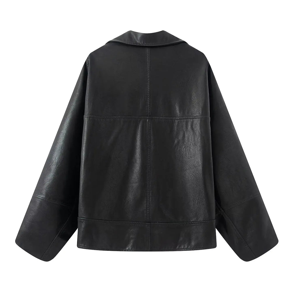 Single breasted pu faux leather jacket with drop shoulder sleeves