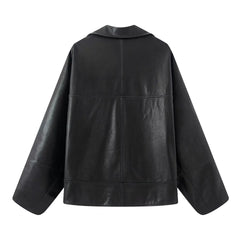 Single breasted pu faux leather jacket with drop shoulder sleeves