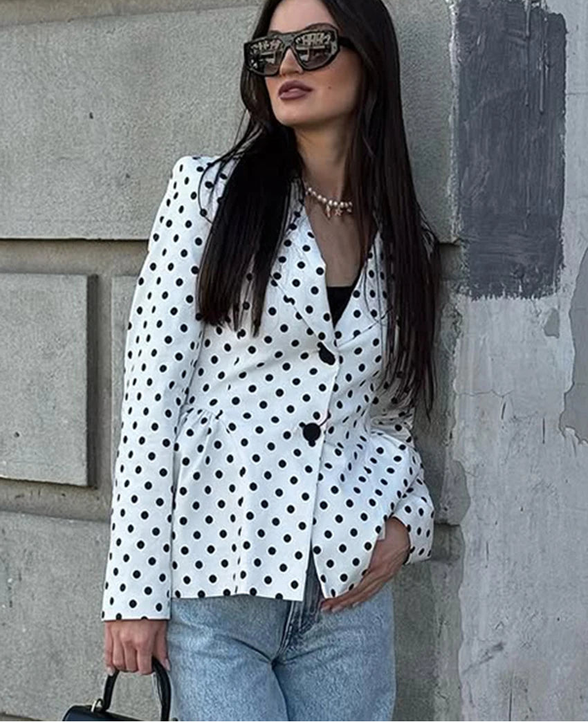 Single breasted streetwear blazer for women shown for city chic edits