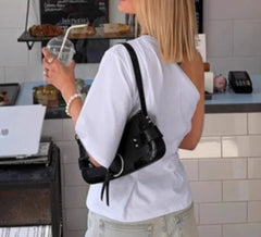 Slanted neckline summer tee styled with iced coffee