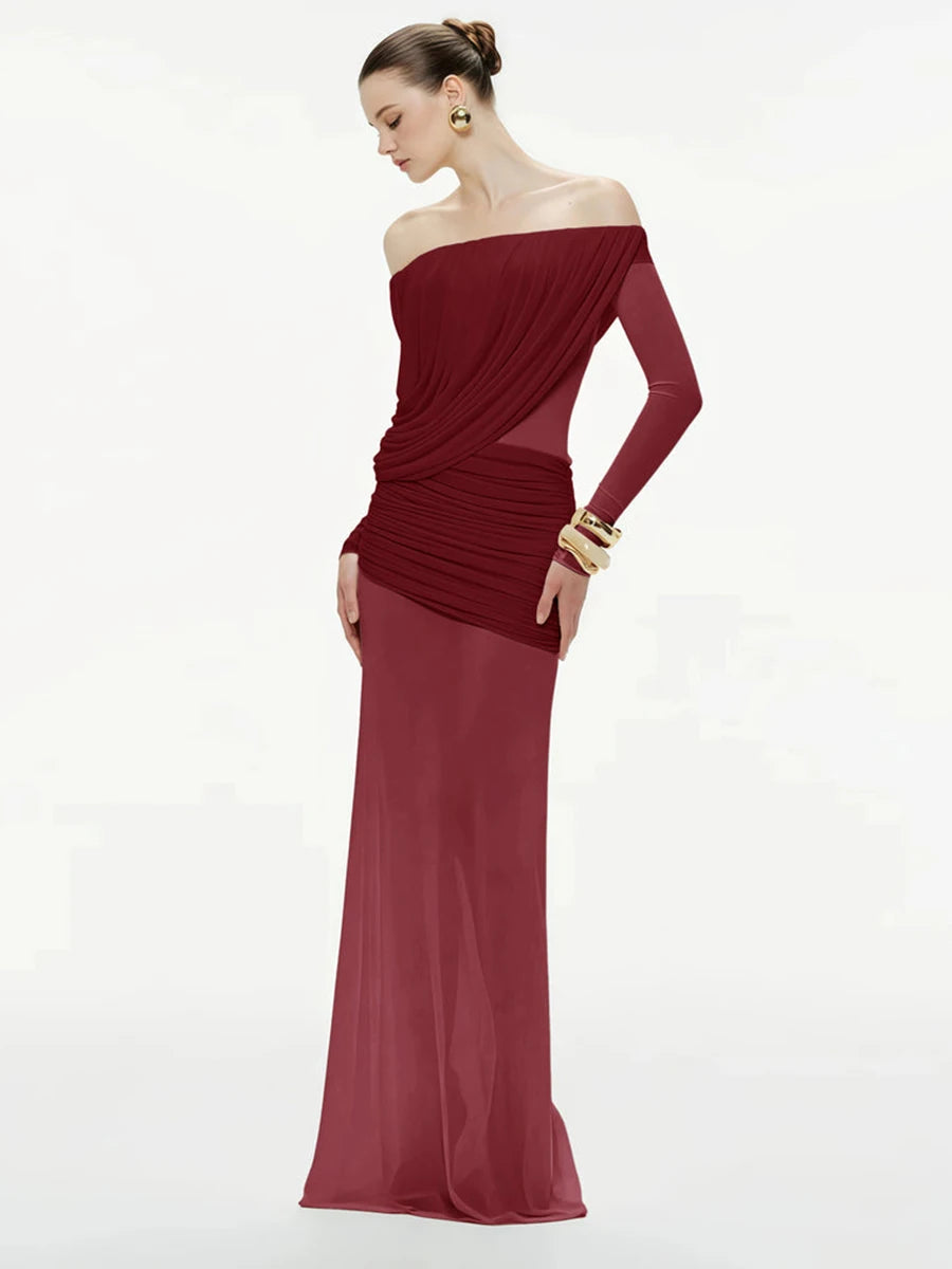 Slash neck evening gown with gathered folds and refined silhouette