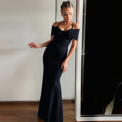Sleek ankle-length black dress perfect for cocktail parties and galas