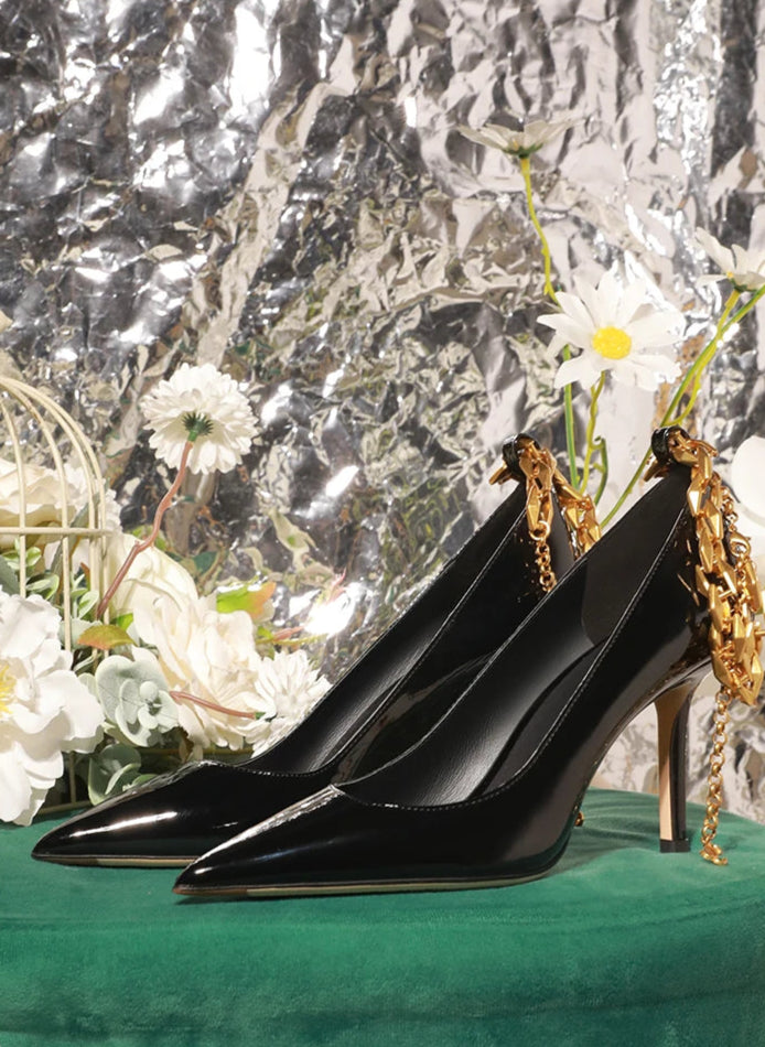 Sleek black chain party heels women’s trending fashion footwear