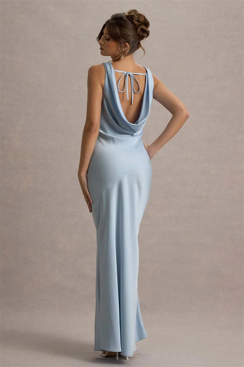 Sleek floor length evening dress in powder blue