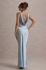 Sleek floor length evening dress in powder blue