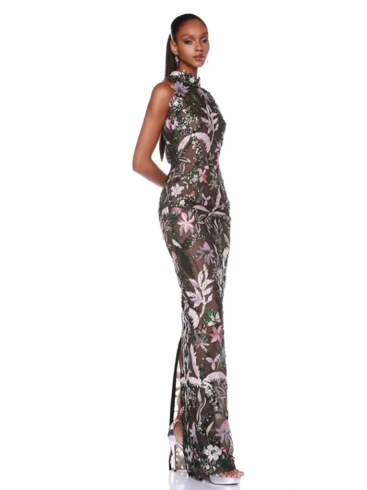 Sleeveless floral sequin gown with slim sheath silhouette