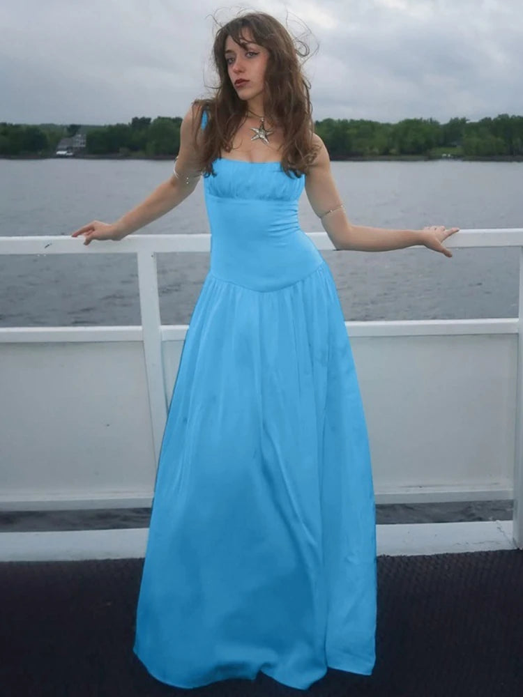 Sleeveless blue maxi dress perfect for weddings and vacations