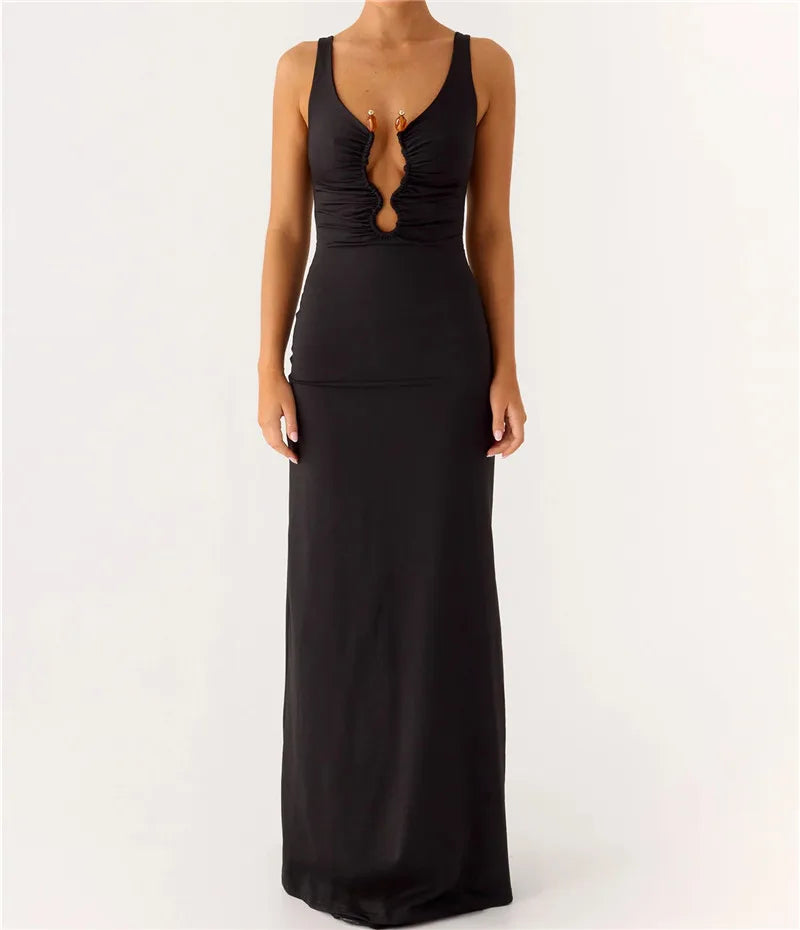 Black evening gown with a plunging neckline on a white background