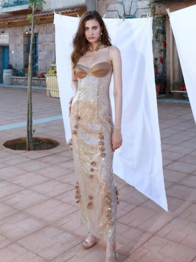 A full-length shot of a sleeveless bodycon evening gown, highlighting its elegant silhouette.