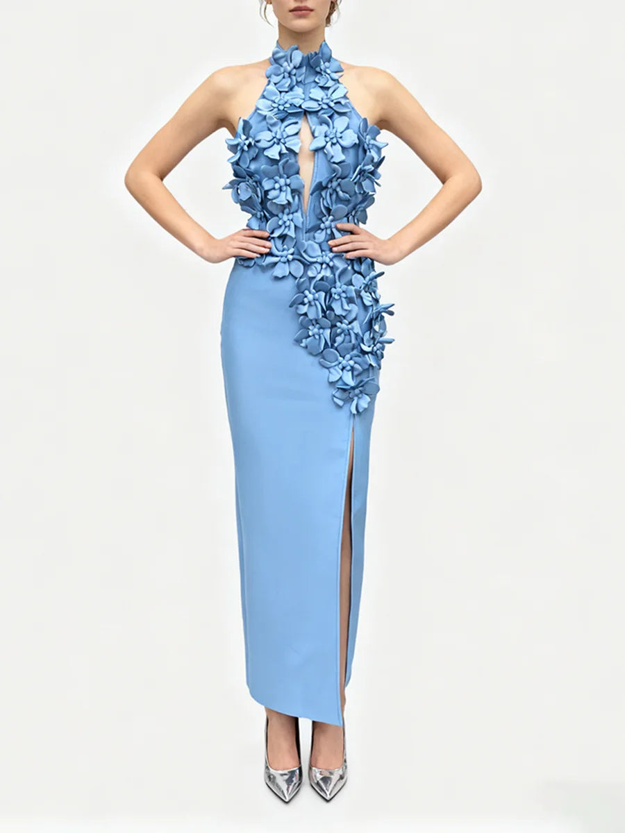 Front-facing silhouette showing the sleeveless cut and refined front slit of the long dress