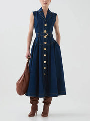 Sleeveless navy midi dress with gold button and detachable belt styled for office days