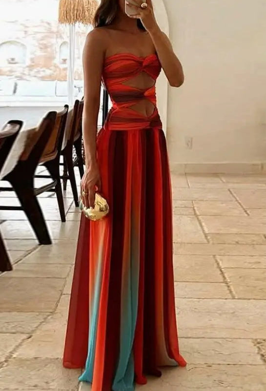 Twisted ombre print dress with hollow-out waist accents