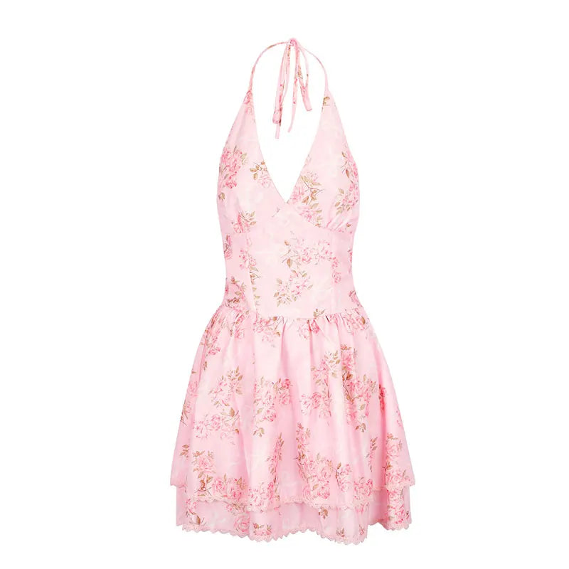 Sleeveless pink floral print dress for brunch and travel