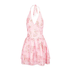 Sleeveless pink floral print dress for brunch and travel