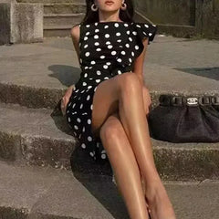 Retro sleeveless summer dress with white dot print