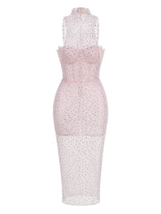 Sleeveless semi-sheer party dress with diamond detailing