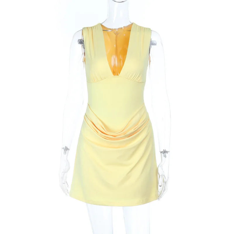 Chic sleeveless yellow mini dress for summer occasions