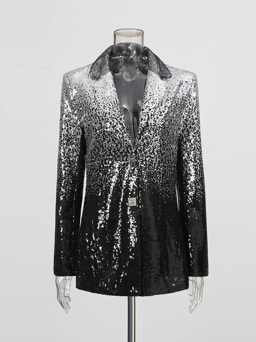 Shimmering ombre blazer styled with coordinating sequin pants