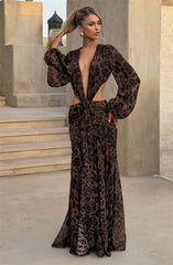 V-neck leopard maxi gown with draped detail