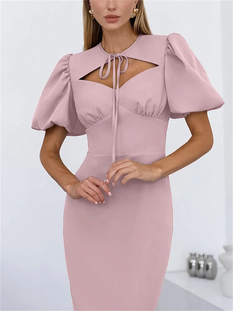 Slim fit ankle-length dress with clean lines and natural waist