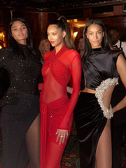 Elegant ruched mesh gown with sculpted silhouette detailing