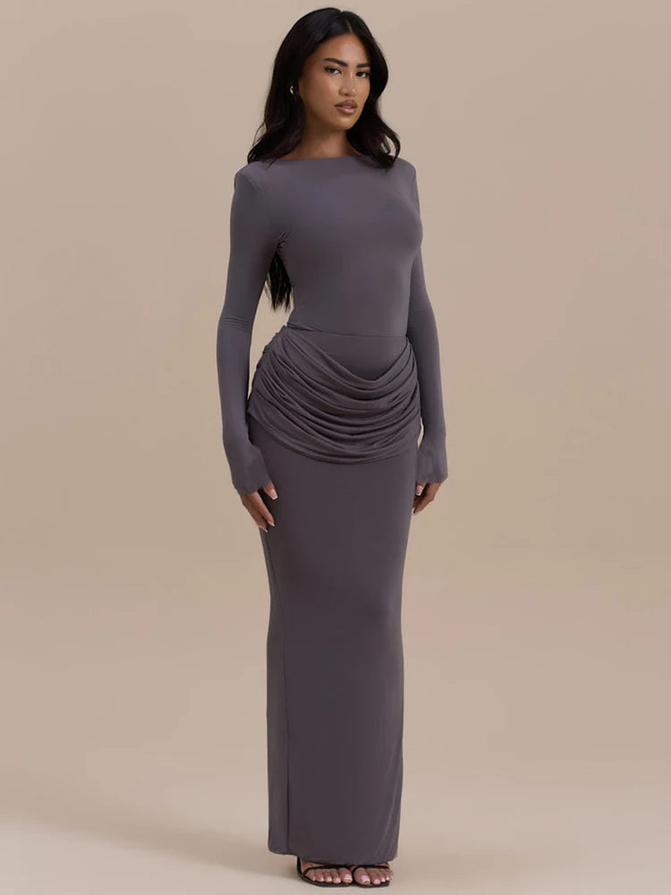 Slim fit gray draped dress styled for special occasions