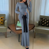 Slim fit grey formal dress with contrast sash perfect for weddings and celebrations