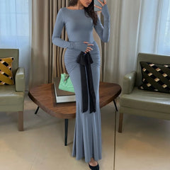 Slim fit grey formal dress with contrast sash perfect for weddings and celebrations