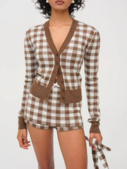 Slim fit two piece outfit with brown plaid for spring and summer
