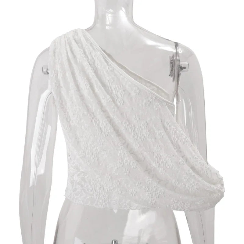 The back view of the one-shoulder tank top, highlighting the asymmetrical design.