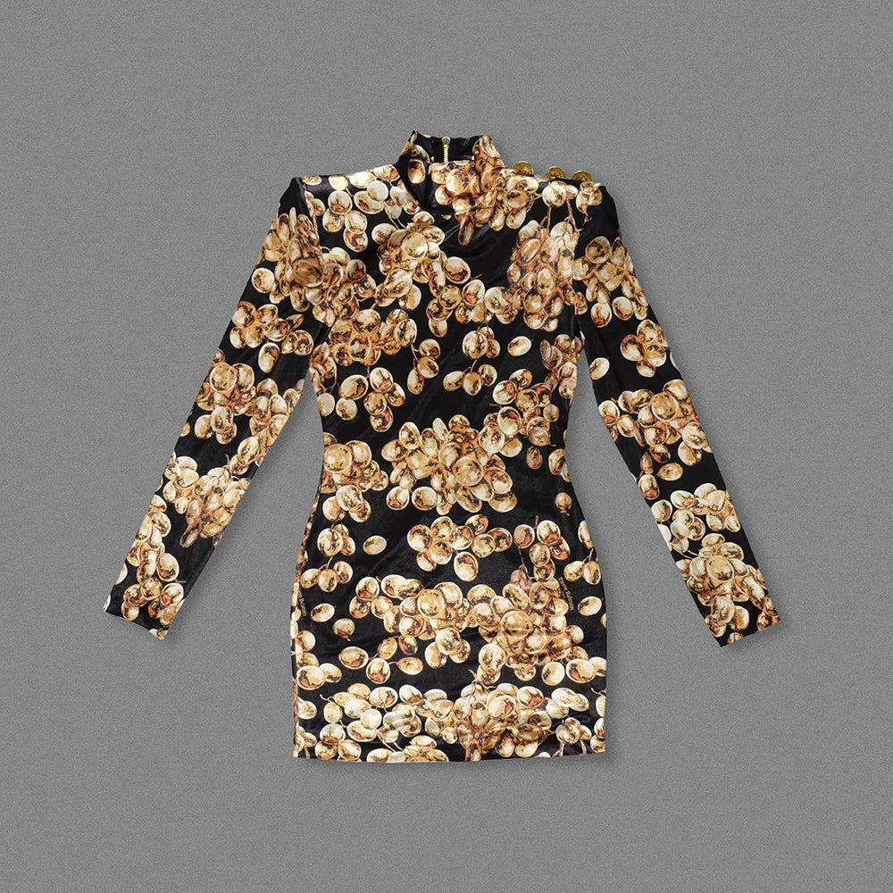 Slim O-neck golden partywear dress for autumn or winter events