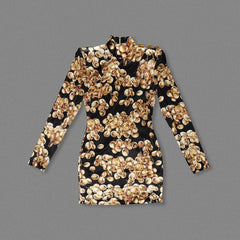 Slim O-neck golden partywear dress for autumn or winter events